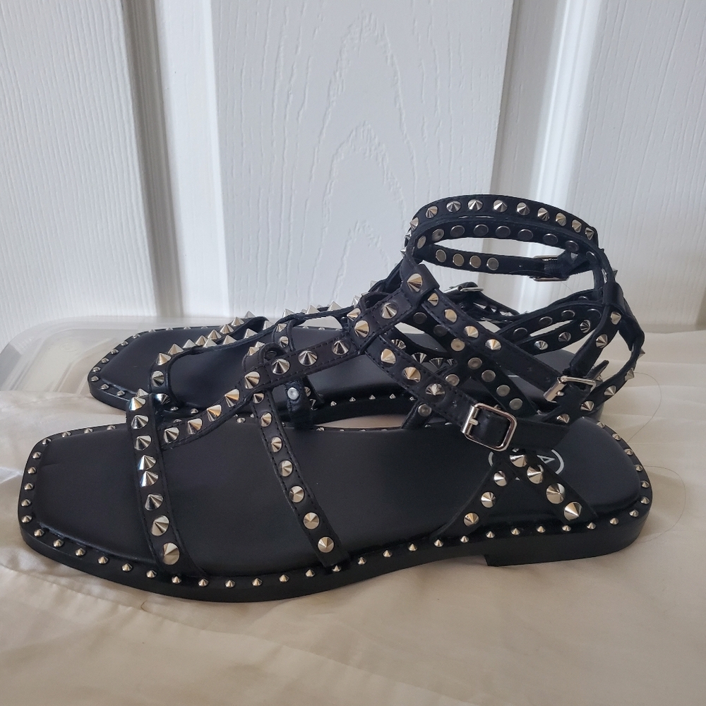 ASH Silver Stud Black Leather Sandals - Picture 3 of 16